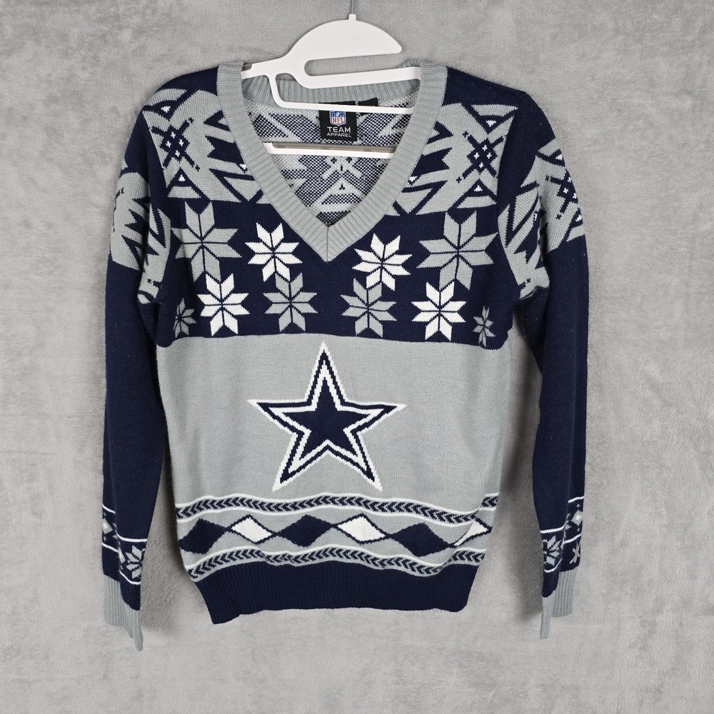 NFL Dallas Cowboys V-Neck Fairโ Isle Holiday Sweater Navy Grey Small